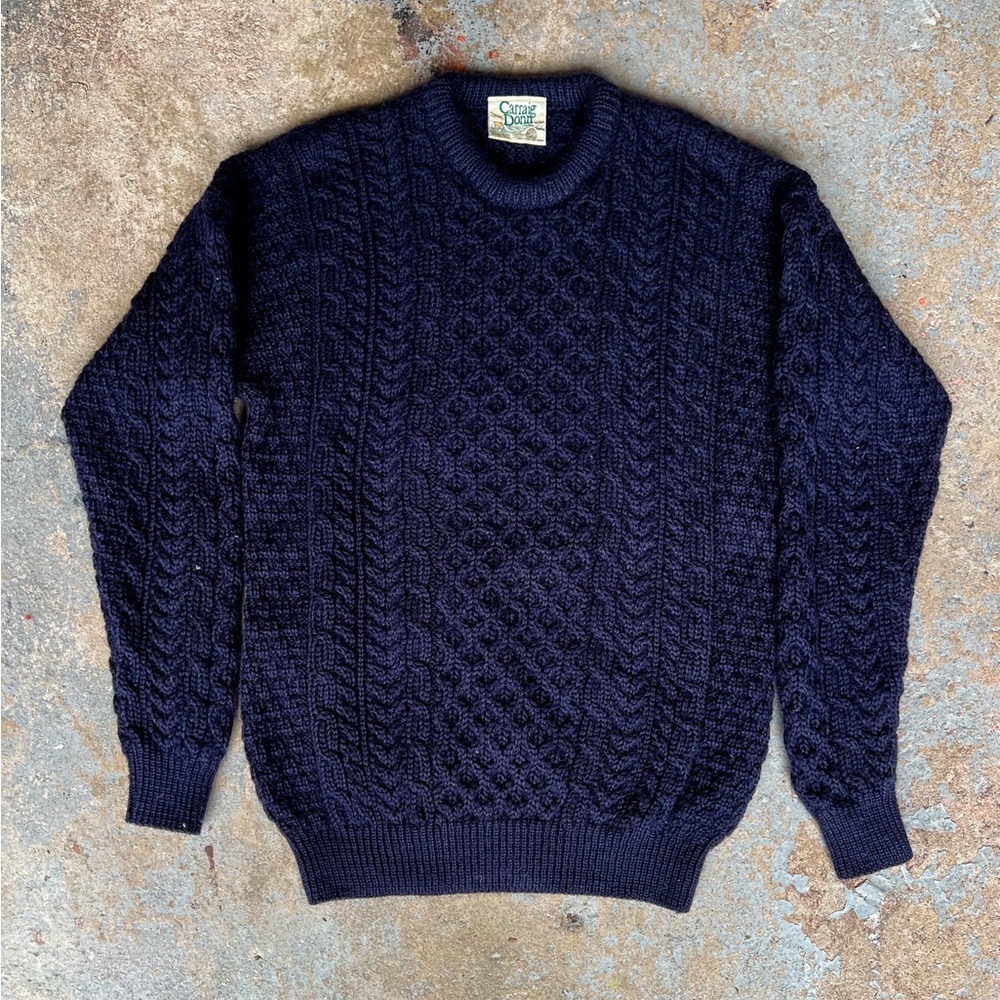 Carraig Donn Irish Fisherman Wool Sweater Men’s L Navy Blue Cable Knit  Preppy